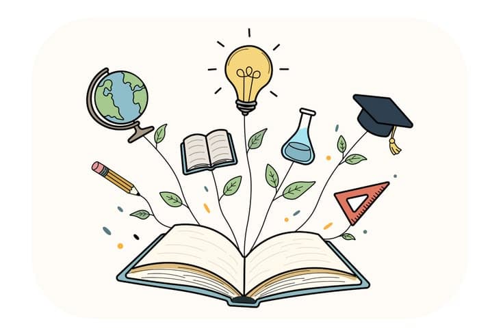 Illustration de livres et de fournitures scolaires s'ouvrant sur un globe, une fiole et un chapeau de diplômé